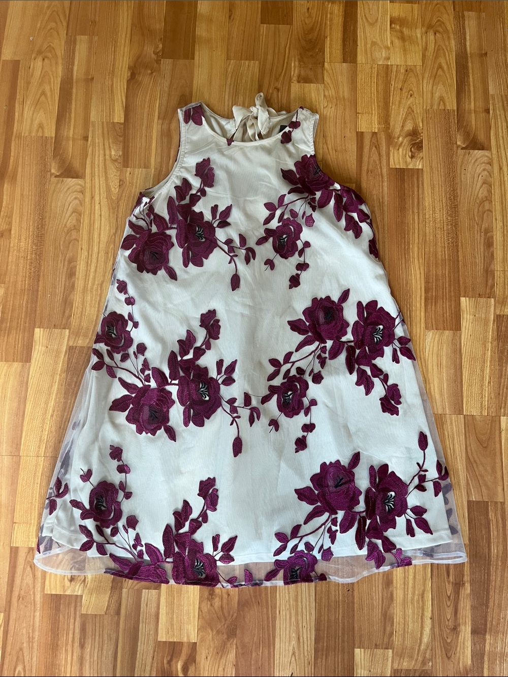 ECI Cream Dress with Plum Floral Embroidery